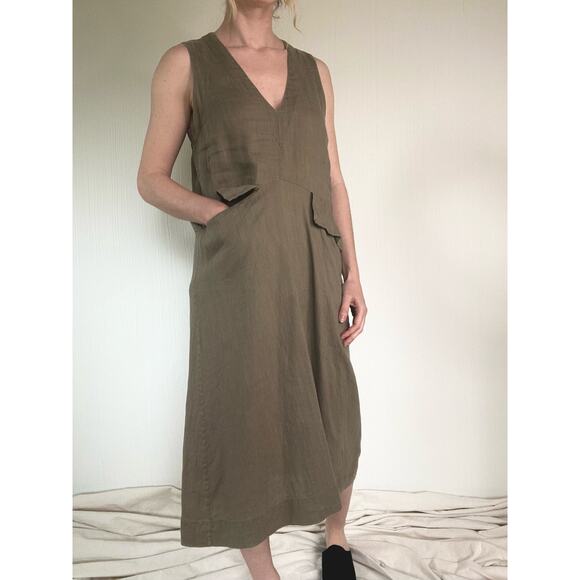 SUGAR CANDY MOUNTAIN Slouched Sleeveless Taupe Green Linen Dress Oversized US XS - Picture 6 of 13